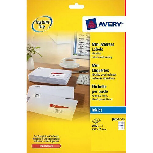 AVERY - J8654-25 - 1000 étiquettes adhésives mini blanches personnalisables. 45,7x25,4mm. Impression jet d'encre