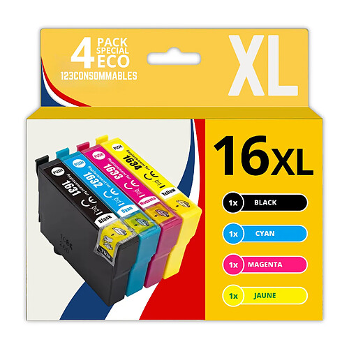 123CONSOMMABLES - 16XL - Pack de 4 Cartouches d'encre Compatible avec Epson Workforce WF-2750 WF-2760 WF-2660 WF-2650 WF-2630 WF-2540 WF-2530 WF-2510 WF-2010