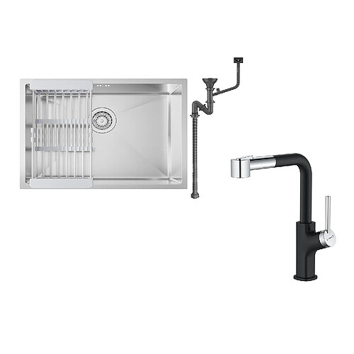 Auralum MAX Évier Cuisine 1 Bac 60*44*20CM,inox 304,à Encastrer/sous-plan avec Panier Drainage,Nano+Robinet Cuisine Noir avec Douchette Extractible,2 Jets