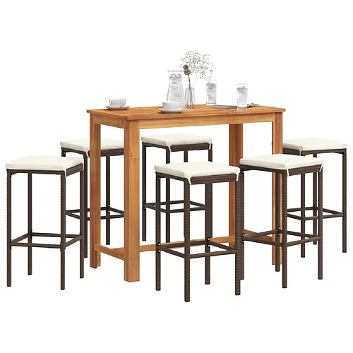 vidaXL Ensemble de bar de jardin 7 pcs marron bois massif acacia rotin