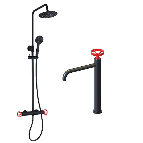 K20 Pack Colonne de Douche 83-119cm et Robinet de Lavabo Mitigeur K2O 23x6,7x37cm Noir Mat, Régulateurs Rouges, Flexibles et Aérateur