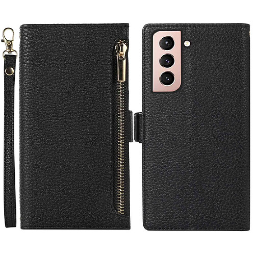 Etui en PU texture litchi avec support, pochette à fermeture éclair et sangle pour votre Samsung Galaxy S21 4G/5G - noir