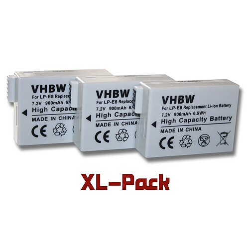 Vhbw 3 x Li-Ion batterie 900mAh (7.2 V) adaptée pour Canon EOS Kiss X4, X5, X6i. Remplace den type de batterieen: LP-E8.