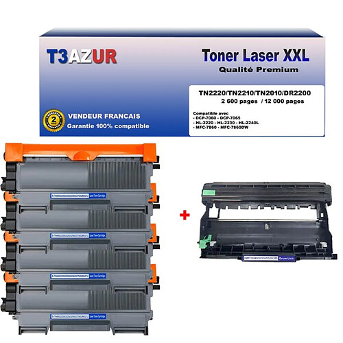 Kit Tambour+ 4 Toners compatibles avec Brother TN2220, TN2010, DR2200 pour Brother DCP7055, DCP7055W, DCP7057, DCP7060D, DCP7065DN, DCP7070DW- T3AZUR