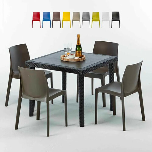 Table Carrée Noire 90x90cm Avec 4 Chaises Colorées Grand Soleil Set Extérieur Bar Café Rome Passion, Couleur: Marron