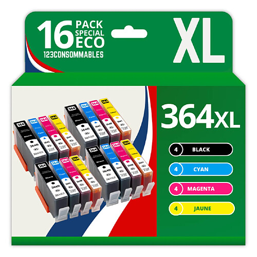 123CONSOMMABLES - 364XL - Cartouche compatible avec HP 364 XL d'encre Grande Capacité pour Photosmart 5510 5512 5515 5520 6510 6520 B110a B109a Deskjet 3070A 3520 Officejet 4620 4622 (Pack de 16)