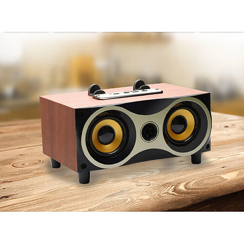 Universal Haut-parleur Bluetooth sans fil en bois, haut-parleur stéréo de bureau, support radio FM, disque USB, MP3 avec microphone | haut-parleur portable (marron)