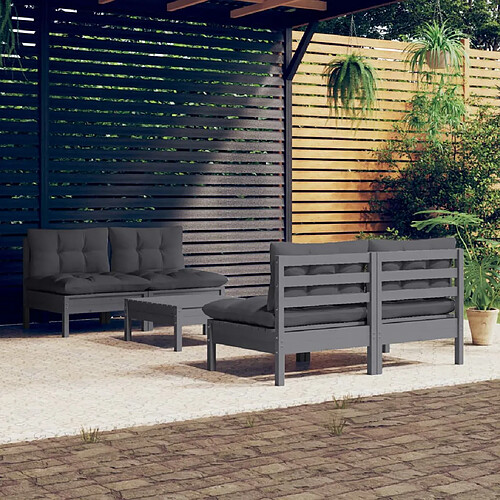 vidaXL Salon de jardin 5 pcs avec coussins anthracite bois de pin