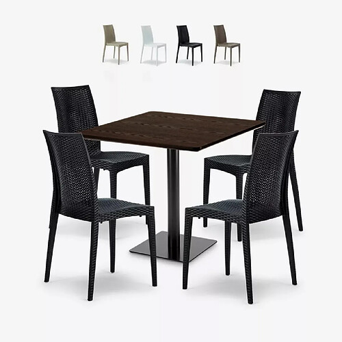 Grand Soleil Ensemble Table Bois 90x90cm Horeca et 4 Chaises Empilables Poly RotinBar Restaurant Café Barrett - Noir