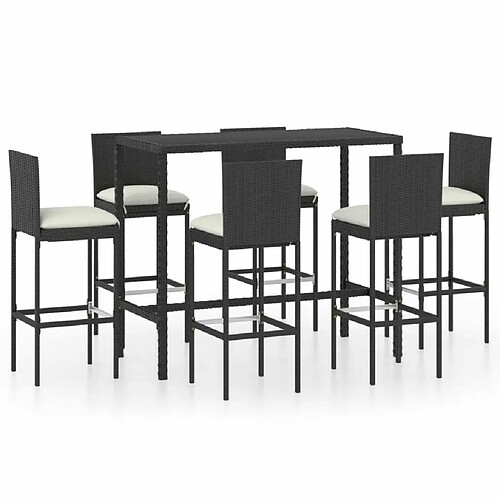 Maison Chic Ensemble de bar de jardin 7 pcs et coussins,Table + chaises + coussins de jardin Résine tressée Noir -GKD327739