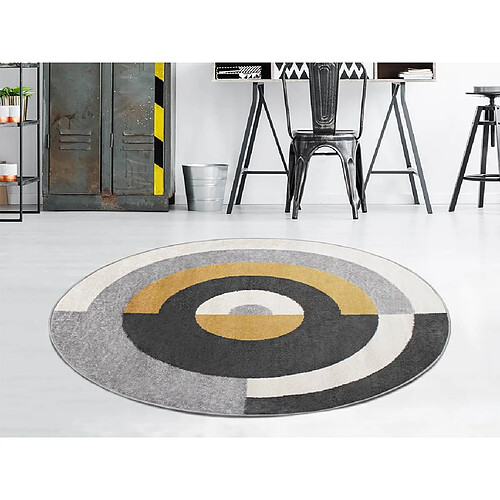 Vente-Unique Tapis rond style design motifs géométriques - D. 160 cm - Gris et ocre - ALBORG