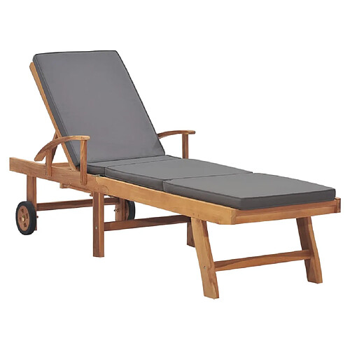 Helloshop26 Transat chaise longue bain de soleil lit de jardin terrasse meuble d'extérieur avec coussin bois de teck solide gris foncé 02_0012430