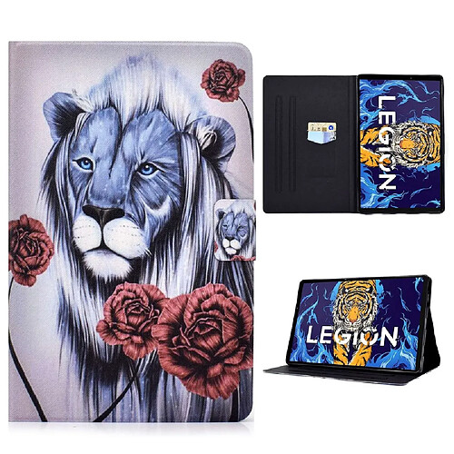 Etui en PU fermeture magnétique avec support et porte-cartes pour votre Lenovo Legion Y700 TB-9707F - Rose et lion