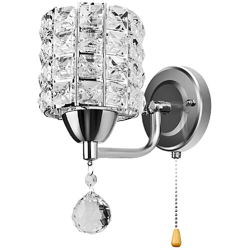 Stoex Moderne Applique Murale en Cristal avec Interrupteur à Tirette, Argenté Lampe Murale Chambre à Coucher, allée, prise E14 (Sans Ampoule Inclus