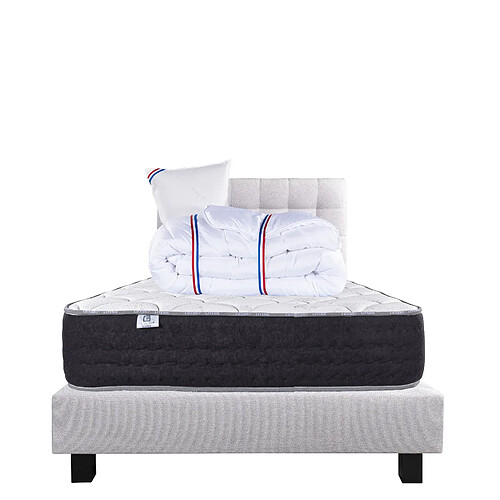 LUXURY LITERIE Ensemble matelas Sérénité 90x190 cm + sommier gris ep20cm + oreiller + couette + Tête de Lit