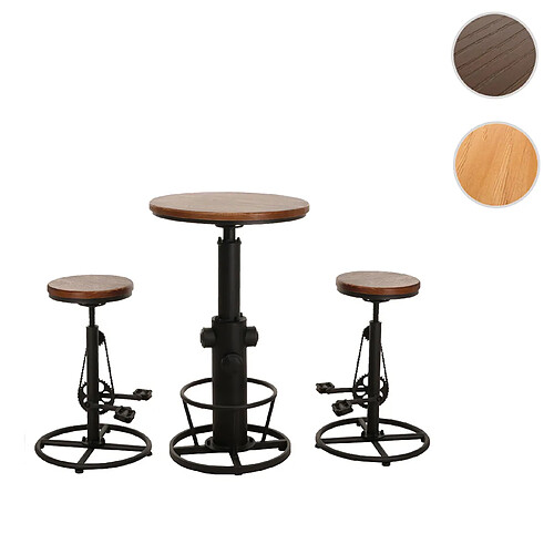 Mendler Set table de bar + 2x tabourets de bar HWC-N20, chaise de bar table haute réglable en hauteur pivotante repose-pieds industrielle en bois ~ brun