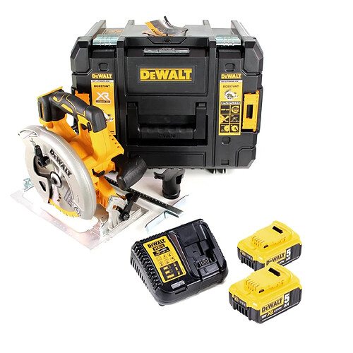 Dewalt DCS 570 P2 18 V Scie circulaire sans fil Brushless + Coffret de transport TSTAK Box + 2 x Batteries 5,0 Ah + Chargeur