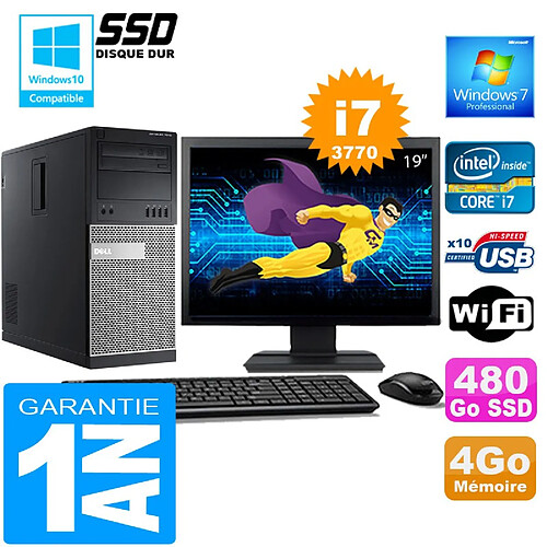 PC Tour DELL 7010 Core I7-3770 Ram 4Go Disque 480 Go SSD Wifi W7 Ecran 19" · Occasion