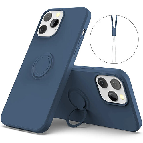 Coque en silicone facile à nettoyer avec béquille réglable et sangle bleu nuit pour votre Apple iPhone 13 Pro 6.1 pouces