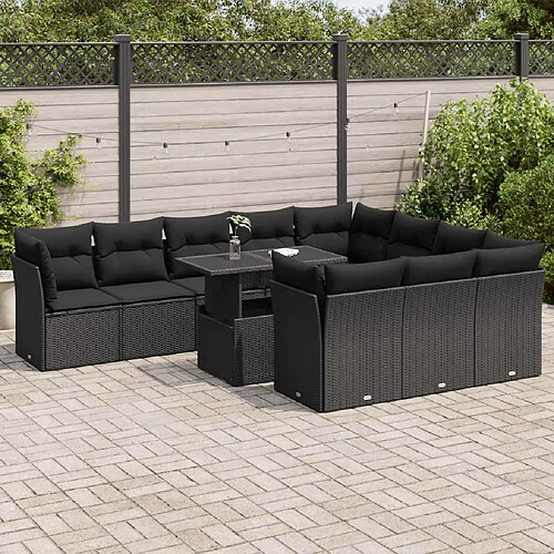 vidaXL Salon de jardin 11 pcs avec coussins noir résine tressée