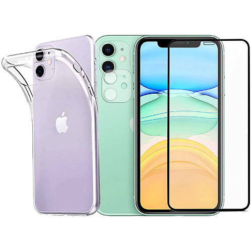 Protection intégrale Verre Trempé bord Noir pour iPhone 11+Verre Trempé Caméra Arrière+Coque souple silicone transparente-Visiodirect-