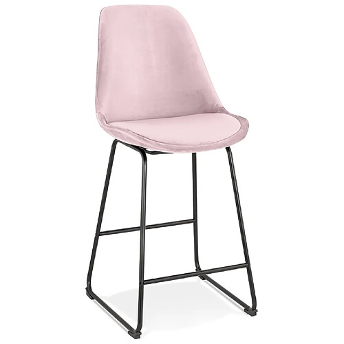 Alterego Tabouret snack mi-hauteur 'BULLY MINI' en velours rose et pieds en métal noir