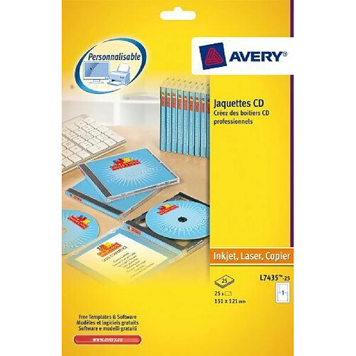 AVERY - Pochette de 25 jaquettes CD, Pour tranche et dos, 151 x 118 mm & Pochette de 30 étiquettes autocollantes pour identifier les CD, Personnalisables et imprimables, Diamètre 117 mm