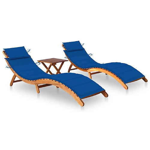 Helloshop26 Lot de 2 transats chaise longue bain de soleil lit de jardin terrasse meuble d'extérieur avec table et coussins acacia solide 02_0012105