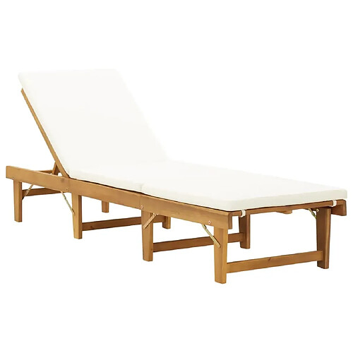 Helloshop26 Transat chaise longue bain de soleil lit de jardin terrasse meuble d'extérieur pliable coussin bois massif d'acacia blanc crème 02_0012869