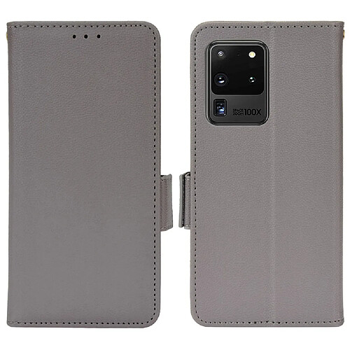 Etui en PU texture litchi, fermoir aimanté avec support gris pour votre Samsung Galaxy S20 Ultra