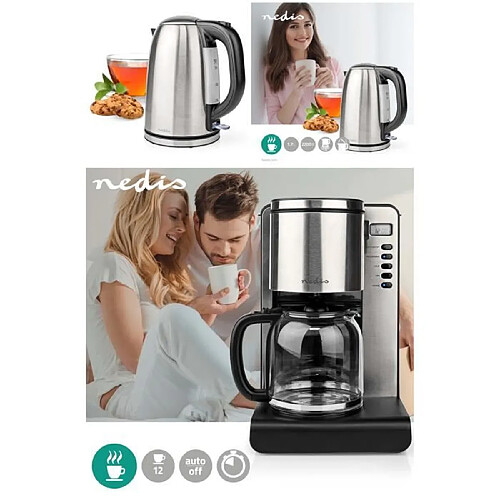 NEDIS PACK DEJEUNER Cafetière Machine à café Programmable LCD Inox 1.5L 1000W + Bouilloire RETRO INOX 1L7 2200W protection contre l'ébulli