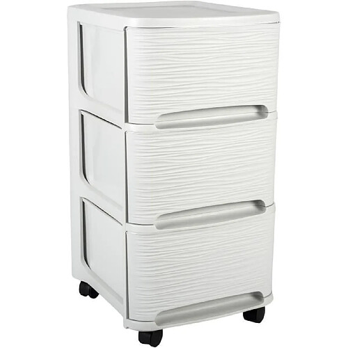 EDA Plastiques EDA PLASTIQUE Tour de rangement - 3 Tiroirs 14 L décor Stone avec roulettes - Blanc cérusé - 32 x 37 x 61 cm