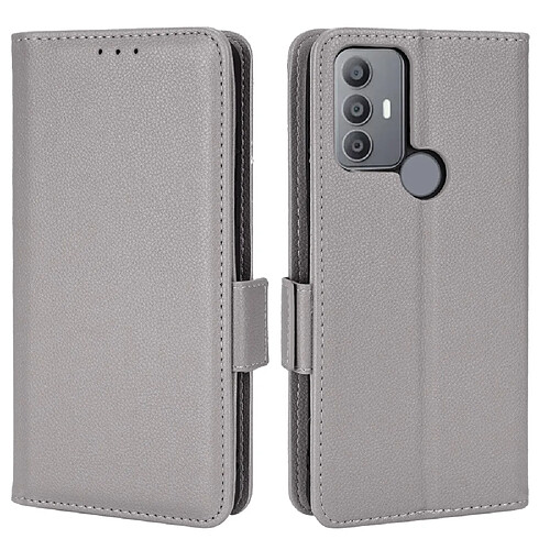 Etui en PU texture litchi, fermoir magnétique latéral avec support, gris pour votre TCL 30E/30 SE/305/306/Sharp Aquos V6/V6 Plus