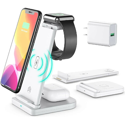 Chrono Station de chargement sans fil 3 en 1 pour Apple Watch 6 5 4 3 2, Airpods Pro, iPhone 11/11 Pro/X/Xr/Xs/8 Plus, téléphones certifiés Qi,(blanc)