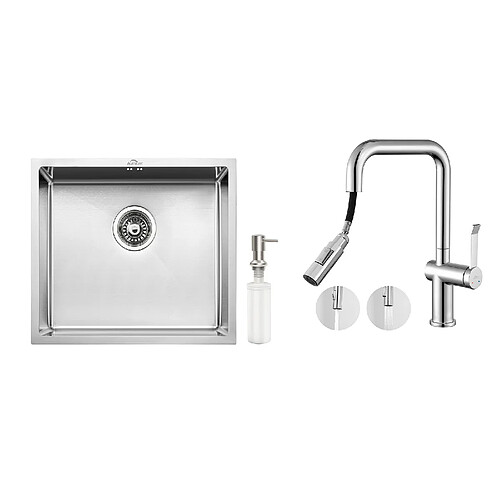 Auralum MAX Évier Cuisine Inox 1 Bac 50*43*18CM avec Distributeur de Savon+Robinet de Cuisine avec Douchette Extractible Rotatif 360 °2 Fonctions,Chromé