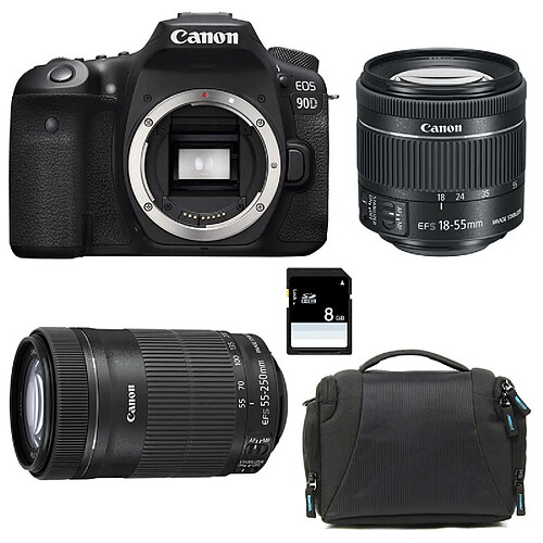 PACK CANON EOS 90D + 18-55 IS STM + 55-250 IS STM + Sac + SD 8Go