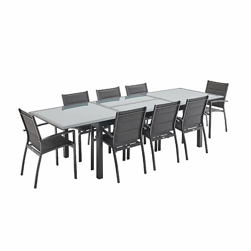 Salon de jardin table extensible - Philadelphie Gris anthracite - Table en aluminium 200/300cm, 8 fauteuils en textilène | sweeek