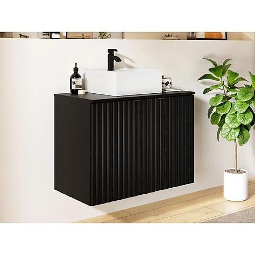 Vente-Unique Meuble de salle de bain suspendu strié avec vasque à poser - Noir - L80 cm - ZILGA