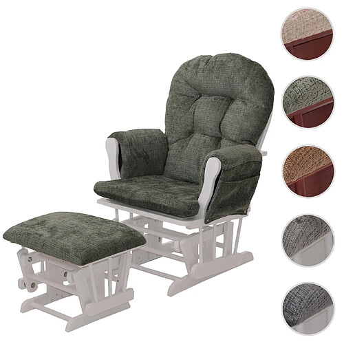 Mendler Fauteuil relax HWC-C76, rocking chair fauteuil à bascule avec pouf tissu/textile chenille (465g/m²) ~ vert, piètement blanc