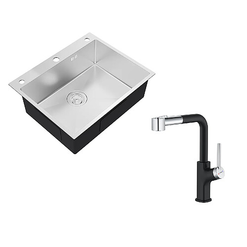 Auralum max Évier de Cuisine à Encastrer,1 Bac,60*49*20CM,Évier 1 Cuve en inox 304,Silver+Robinet Cuisine Noir avec Douchette Extractible,2 Jets