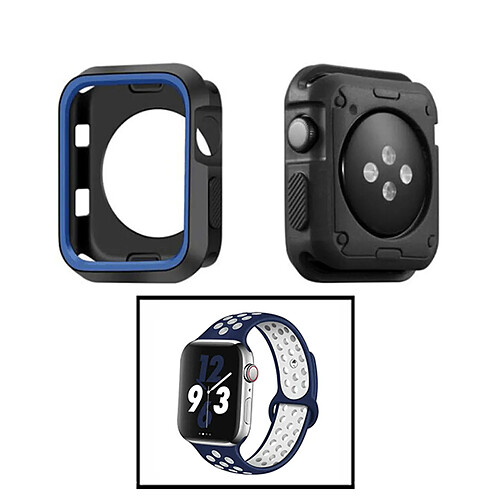 PHONECARE Kit Coque Military DoubleColor + Bracelet Bicolore SportStyle pour Apple Watch Series 4 - 44mm - Noir / Bleu foncé / Bleu foncé / Blanc