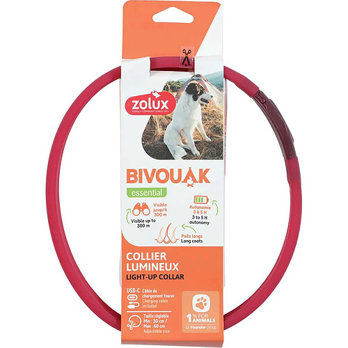 ZOLUX Collier lumineux pour chiens poils longs Bivouak rouge.