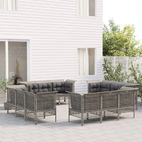 vidaXL Salon de jardin 12 pcs avec coussins Gris Résine tressée