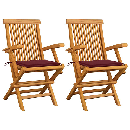 vidaXL Chaises de jardin coussins rouge bordeaux lot de 2 Teck massif