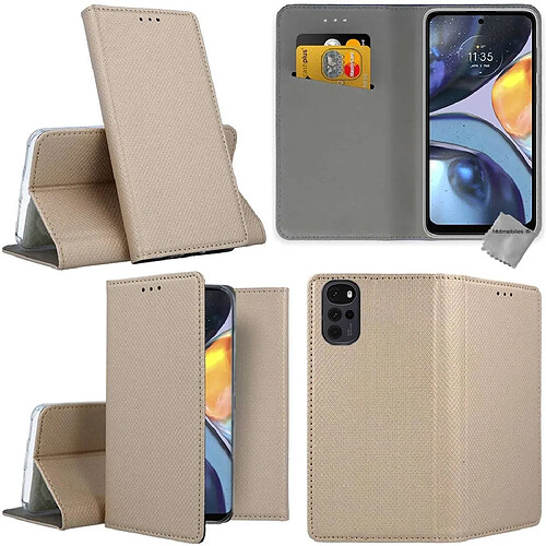 Htdmobiles Housse etui portefeuille avec coque intérieure en silicone pour Motorola Moto G22 / E32 / E32s + verre trempe - OR MAGNET