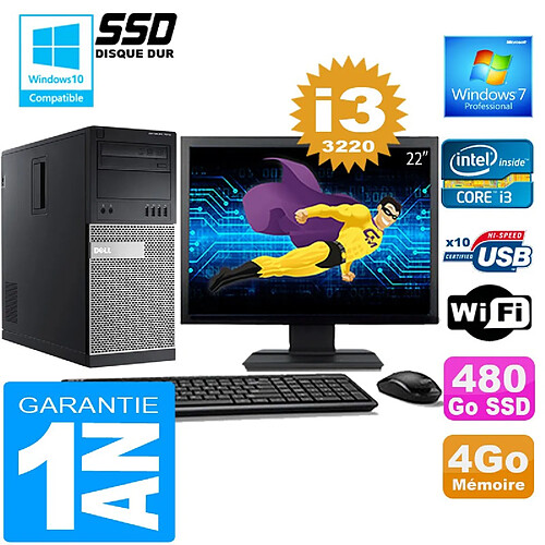 PC Tour DELL 7010 Core I3-3220 Ram 4Go Disque 480 Go SSD Wifi W7 Ecran 22" · Occasion