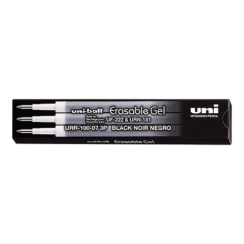 Uniball Recharge pour stylo roller effaçable Uni ball pointe moyenne 0,7 mm - Pochette de 3 - noir