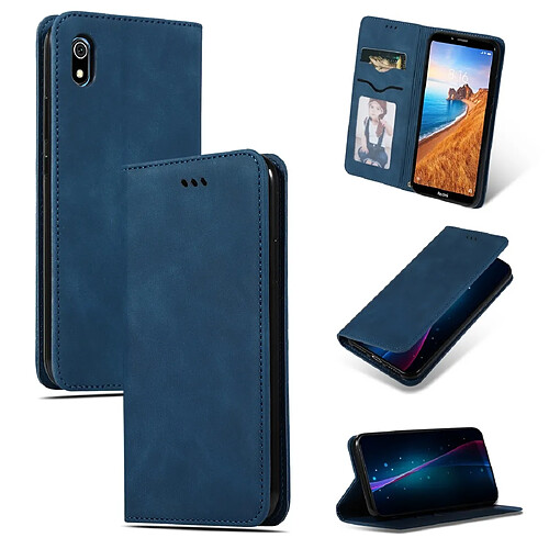 Wewoo Housse Coque Étui en cuir avec rabat horizontal magnétique Business Skin Feel rétro pour Xiaomi Redmi 7A bleu marine