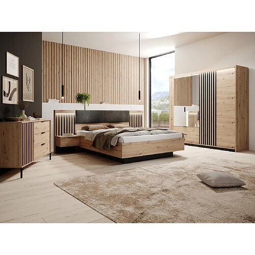 Vente-Unique Ensemble lit avec chevets 160 x 200 cm + Sommier + Matelas + Commode + Armoire - Coloris : Naturel et noir - ARIADA