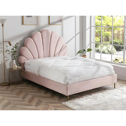 Vente-Unique Lit coquillage 160 x 200 cm - Velours - Rose + Matelas - LIVAYA